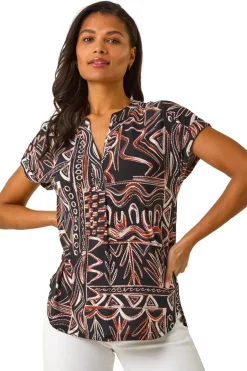 Tops>Roman Rust Textured Ikat Print Stretch Top