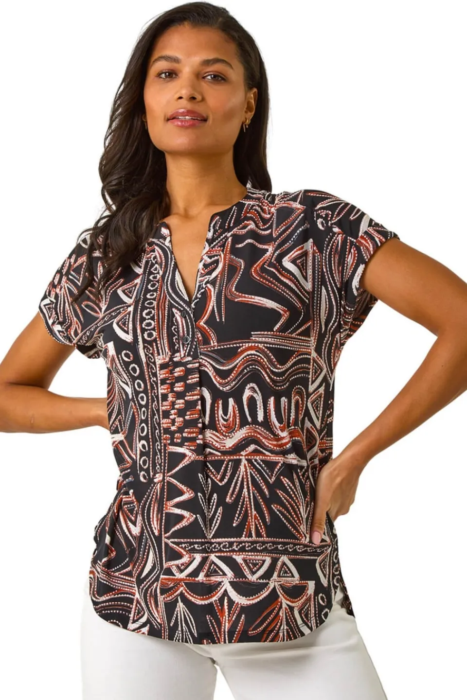 Tops>Roman Rust Textured Ikat Print Stretch Top