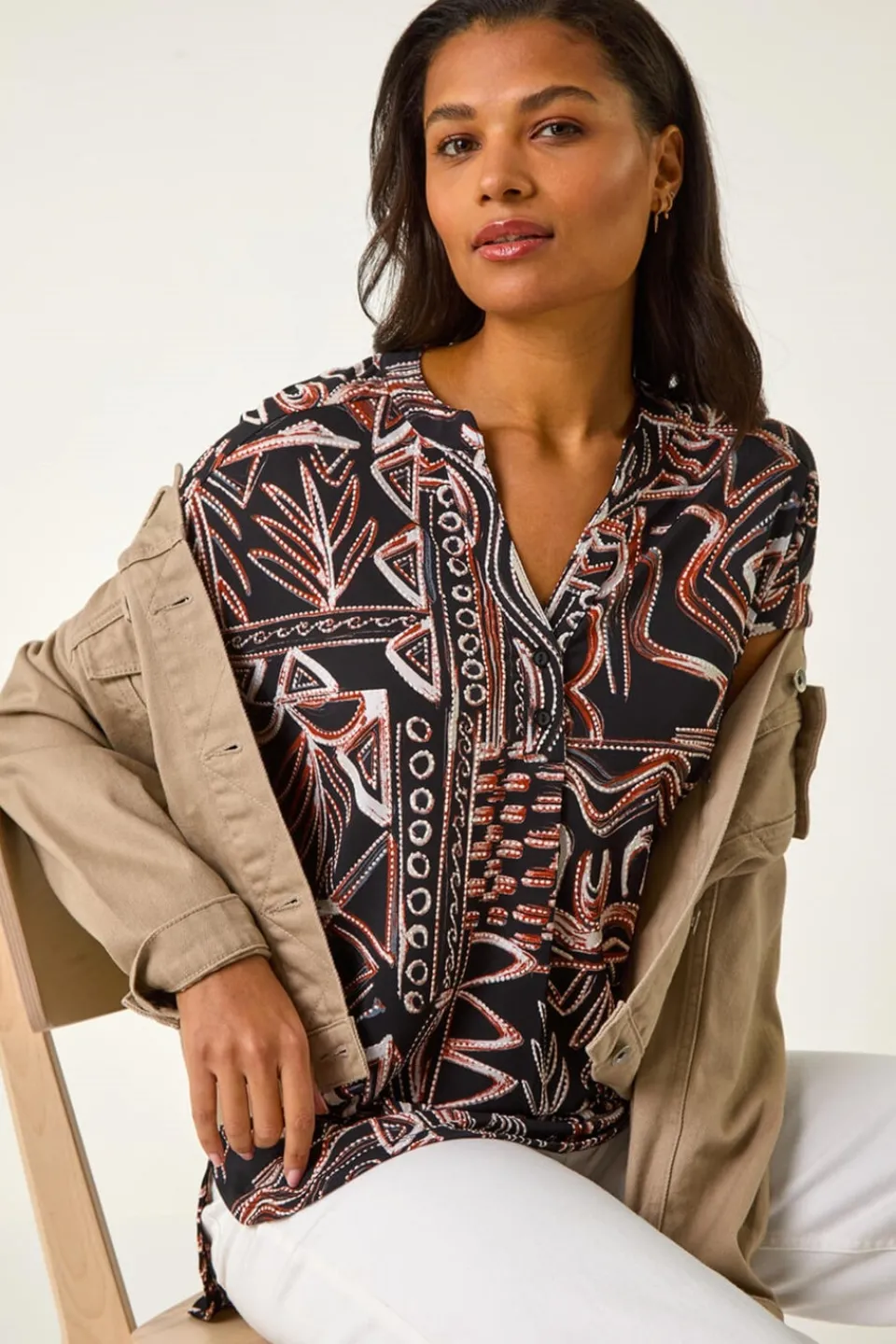 Tops>Roman Rust Textured Ikat Print Stretch Top