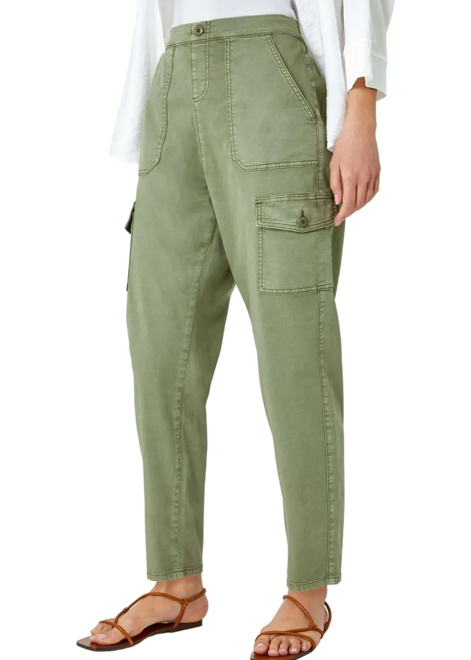 Trousers>Roman Casual Elastic Waist Cargo Stretch Trousers Sage