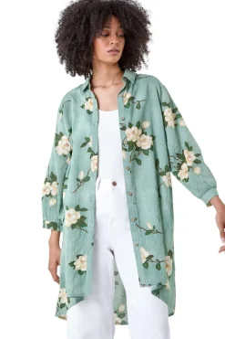 Tops>Roman Sage Floral Cotton Blend Longline Tunic Shirt