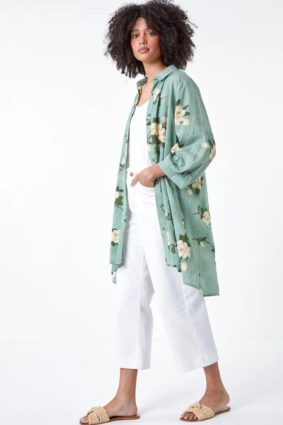 Tops>Roman Sage Floral Cotton Blend Longline Tunic Shirt
