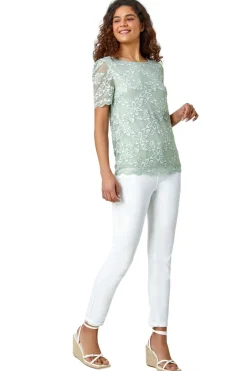 Tops>Roman Sage Floral Stretch Lace Top