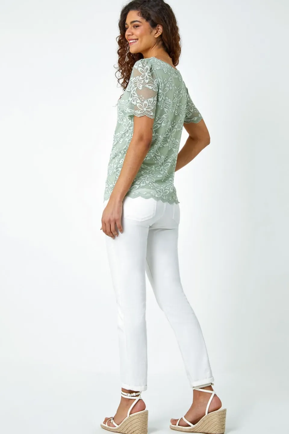 Tops>Roman Sage Floral Stretch Lace Top