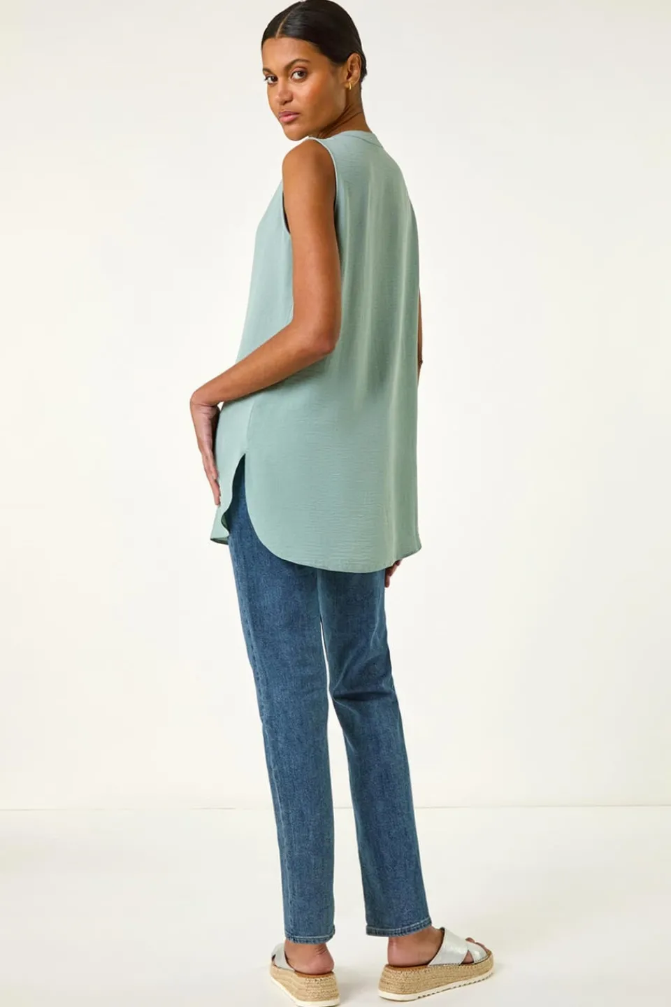 Tops>Roman Sage Longline Buttoned Vest Top