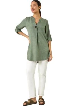 Tops>Roman Longline V Neck Button Tunic Top Sage