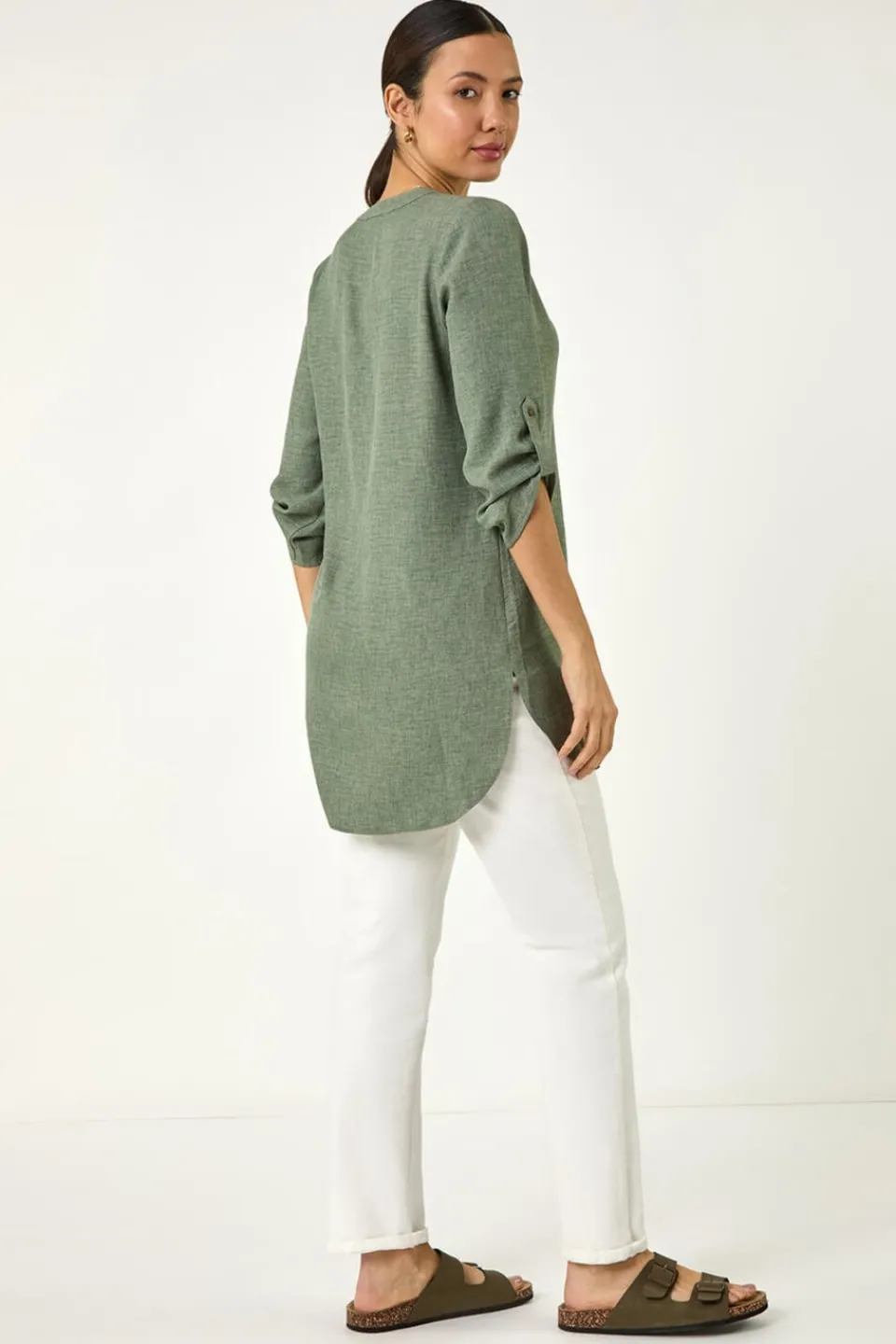 Tops>Roman Longline V Neck Button Tunic Top Sage