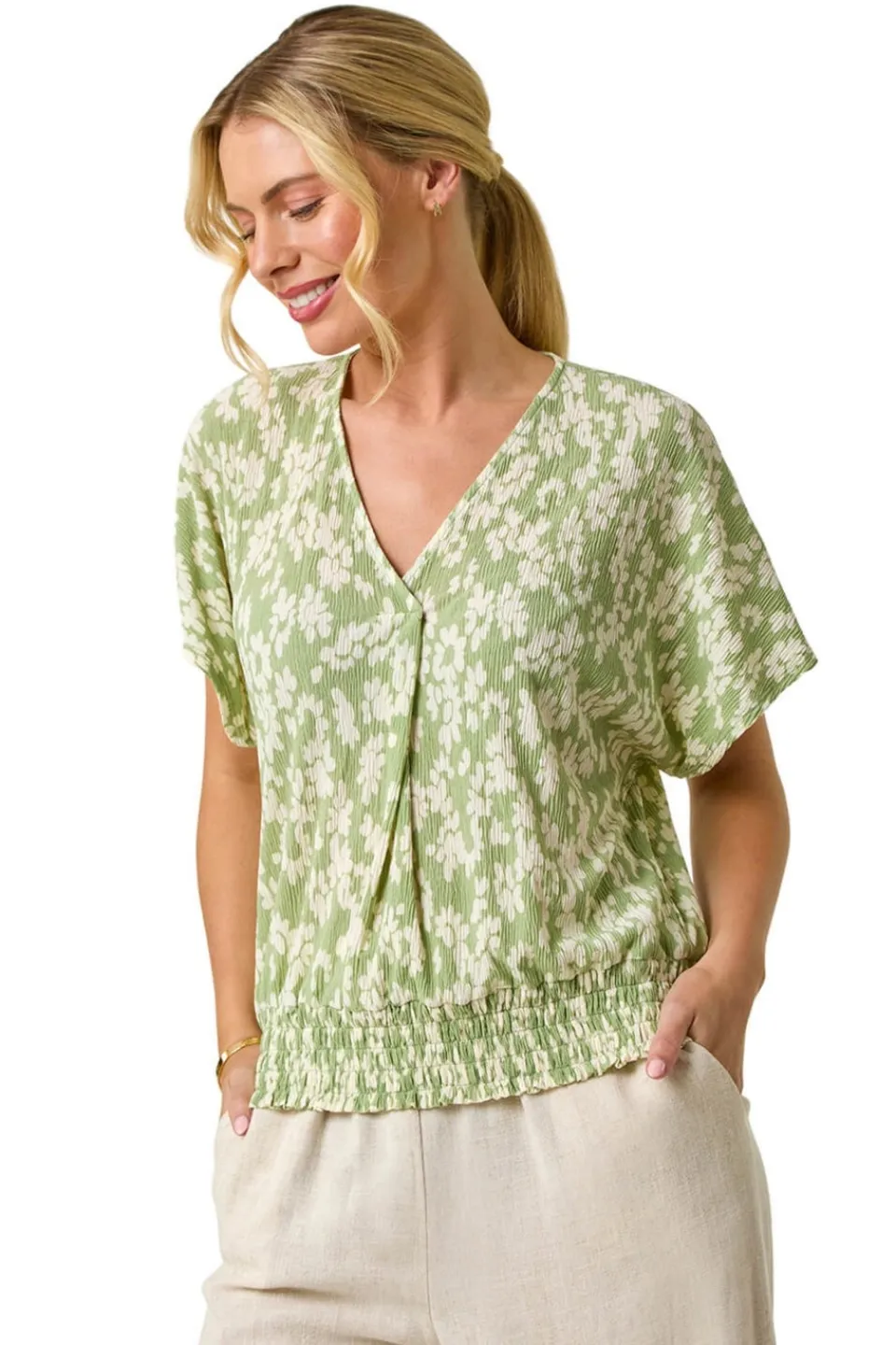 Tops>Roman Sage Petite Floral Print Crinkle Blouson Top