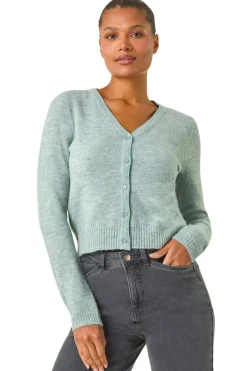 Tops>Roman Shimmer V-Neck Ribbed Cardigan Sage