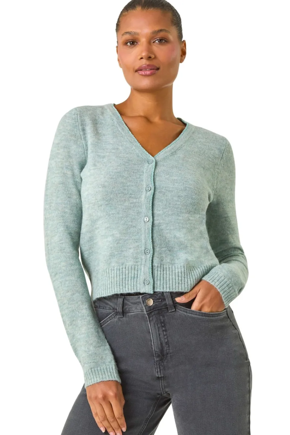 Tops>Roman Shimmer V-Neck Ribbed Cardigan Sage