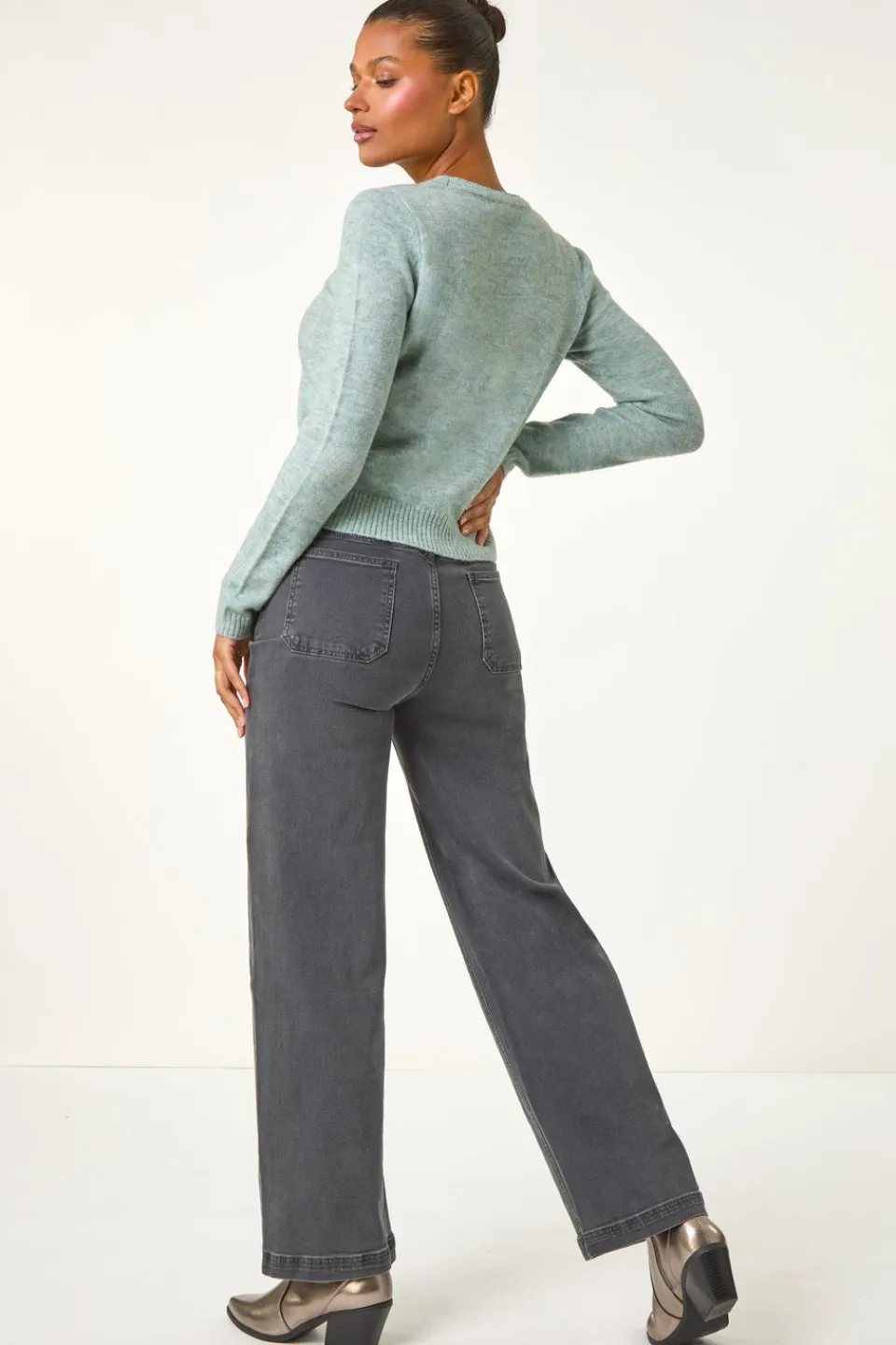 Tops>Roman Shimmer V-Neck Ribbed Cardigan Sage
