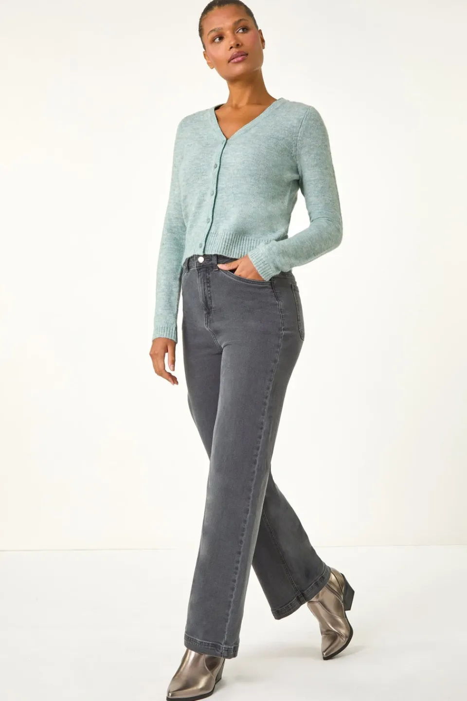 Tops>Roman Shimmer V-Neck Ribbed Cardigan Sage