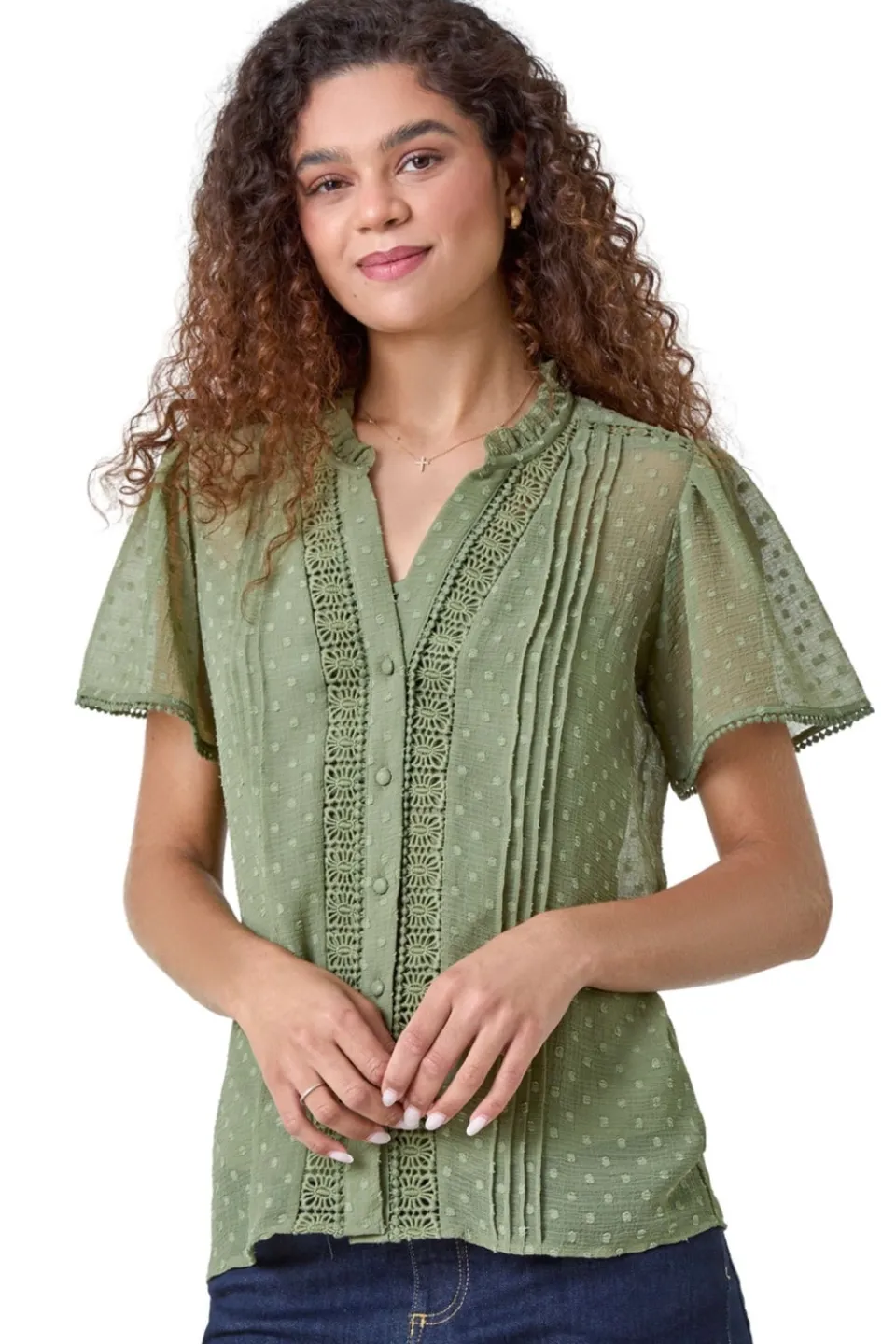 Tops>Roman Sage Textured Spot Lace Trim Blouse