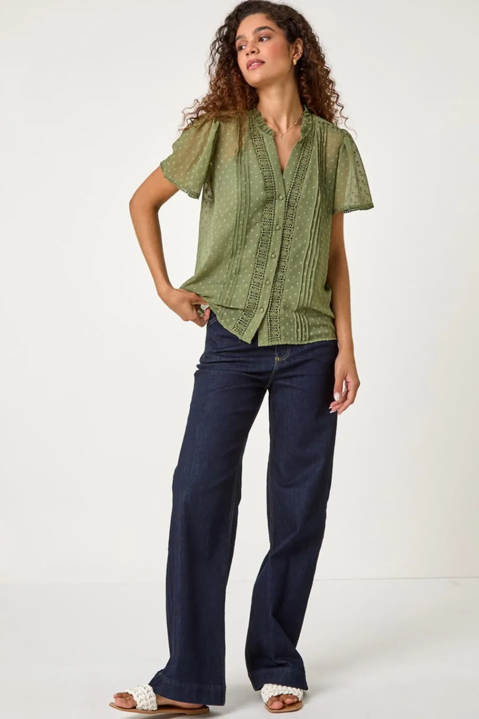 Tops>Roman Sage Textured Spot Lace Trim Blouse