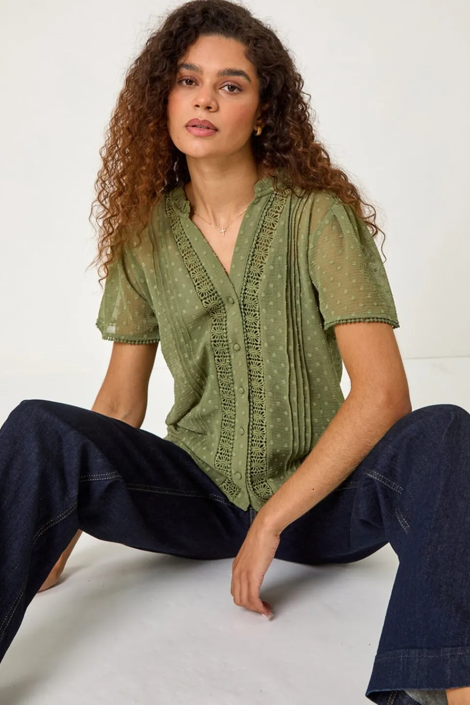 Tops>Roman Sage Textured Spot Lace Trim Blouse