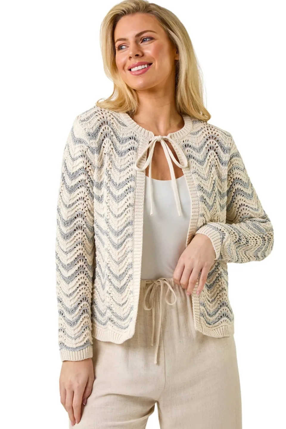 Tops>Roman Silver Petite Metallic Wave Knit Cardigan