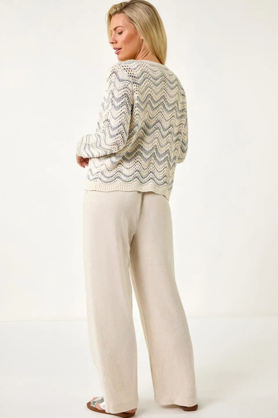 Tops>Roman Silver Petite Metallic Wave Knit Cardigan
