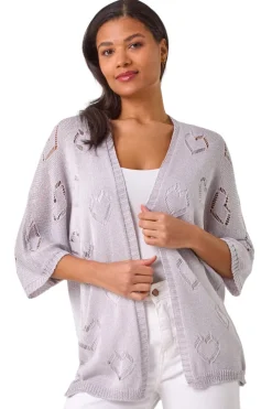 Tops>Roman Silver Pointelle Heart Knit Cardigan