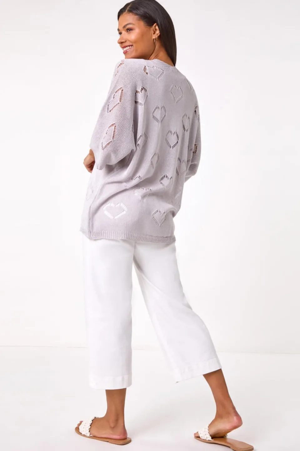 Tops>Roman Silver Pointelle Heart Knit Cardigan