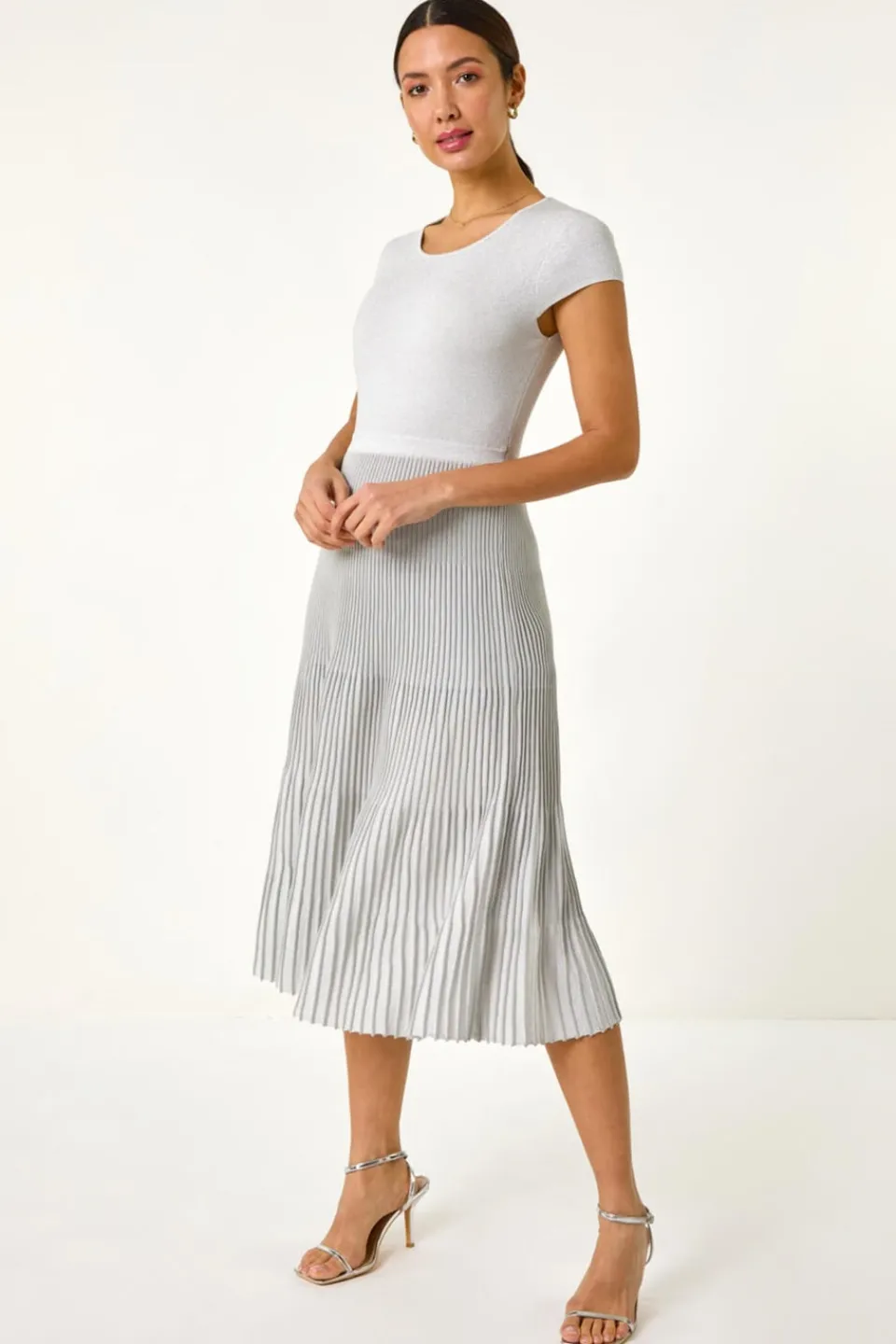 Knitwear>Roman Silver Shimmer Knit Pleated Dress