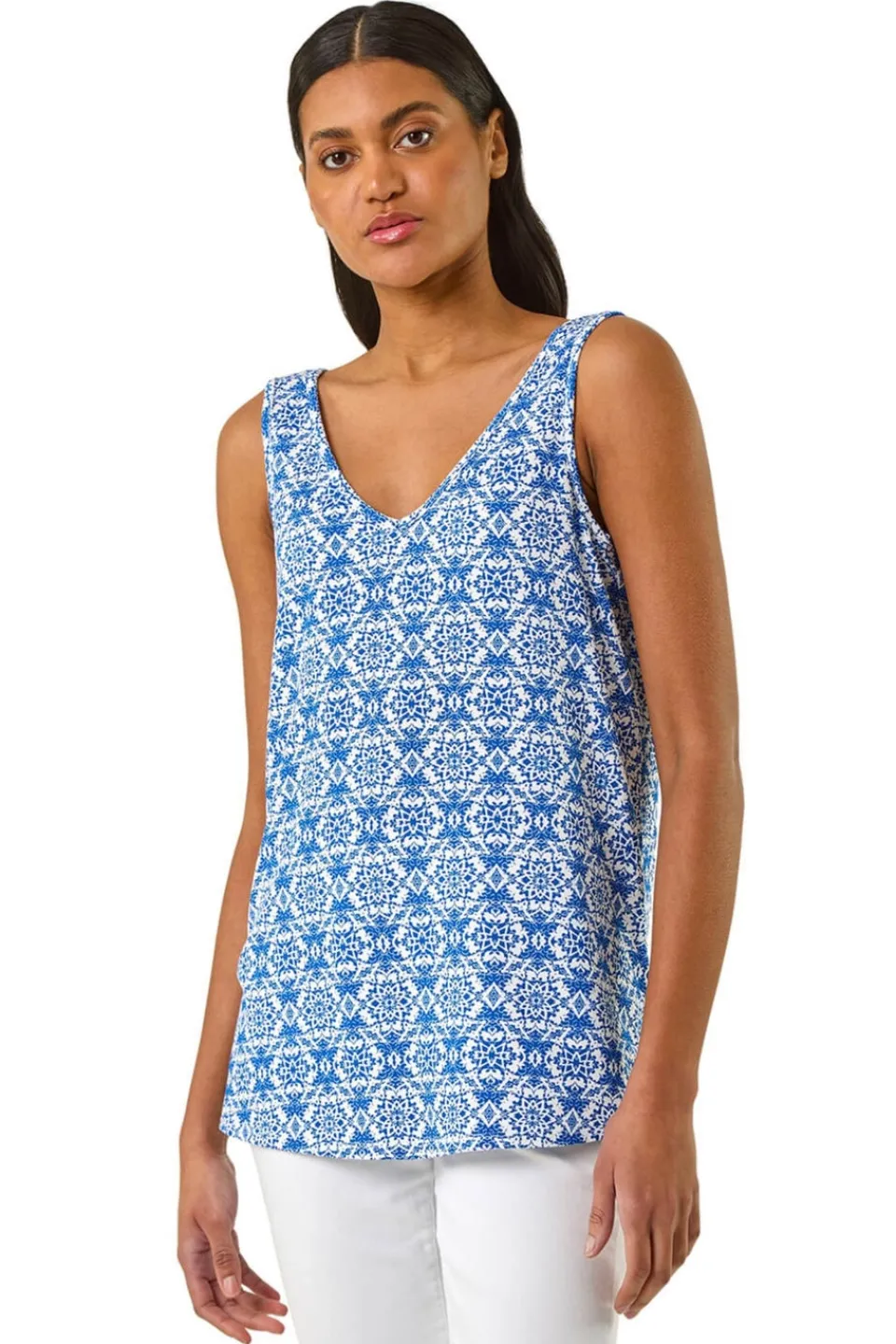 Tops>Roman Sky Blue Tile Print Cami Stretch Top