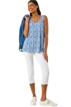 Tops>Roman Sky Blue Tile Print Cami Stretch Top