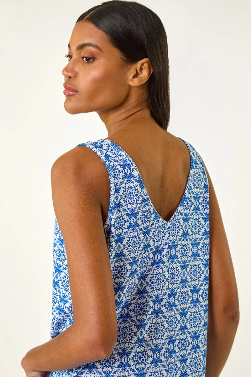 Tops>Roman Sky Blue Tile Print Cami Stretch Top