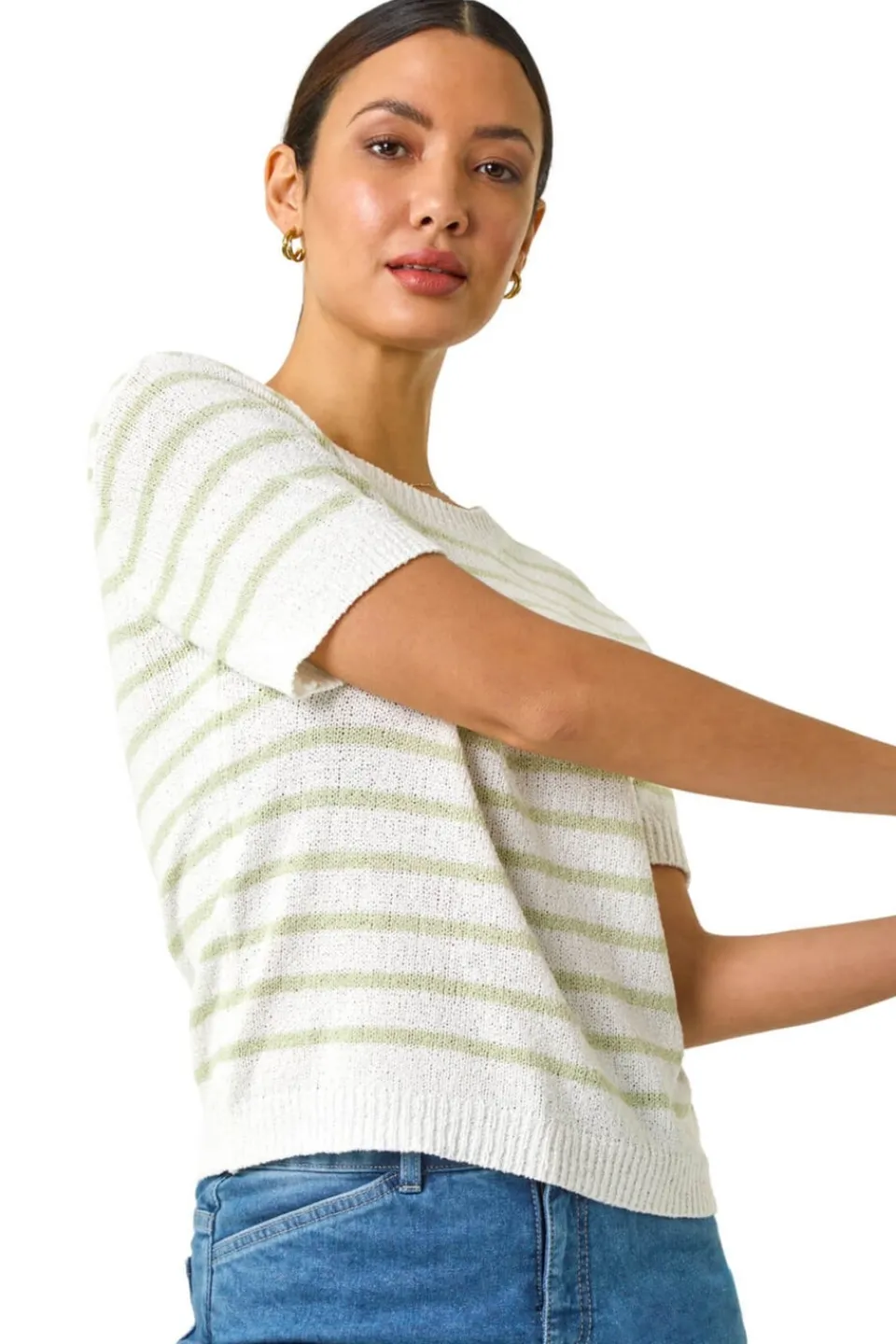 Tops>Roman Soft Green Dainty Stripe Knit Top