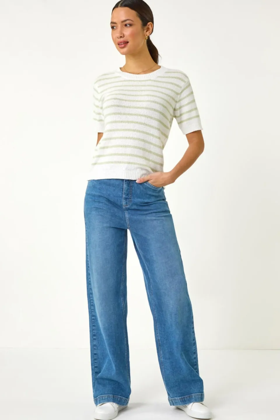 Tops>Roman Soft Green Dainty Stripe Knit Top