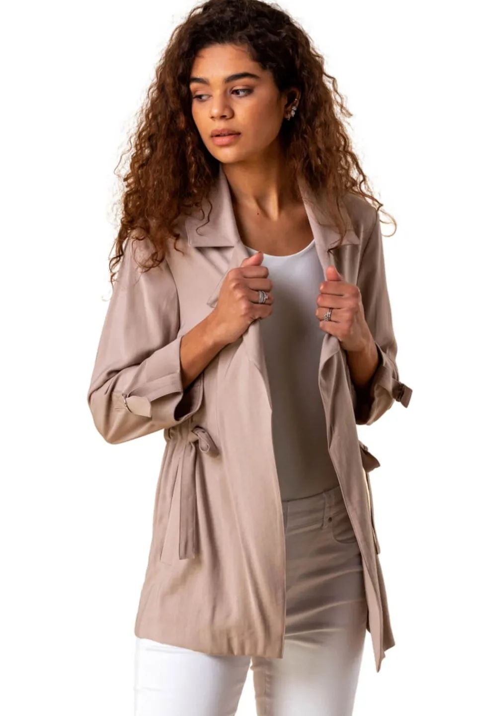 Coats & Jackets>Roman 3/4 Sleeve Tie Waist Longline Jacket Stone