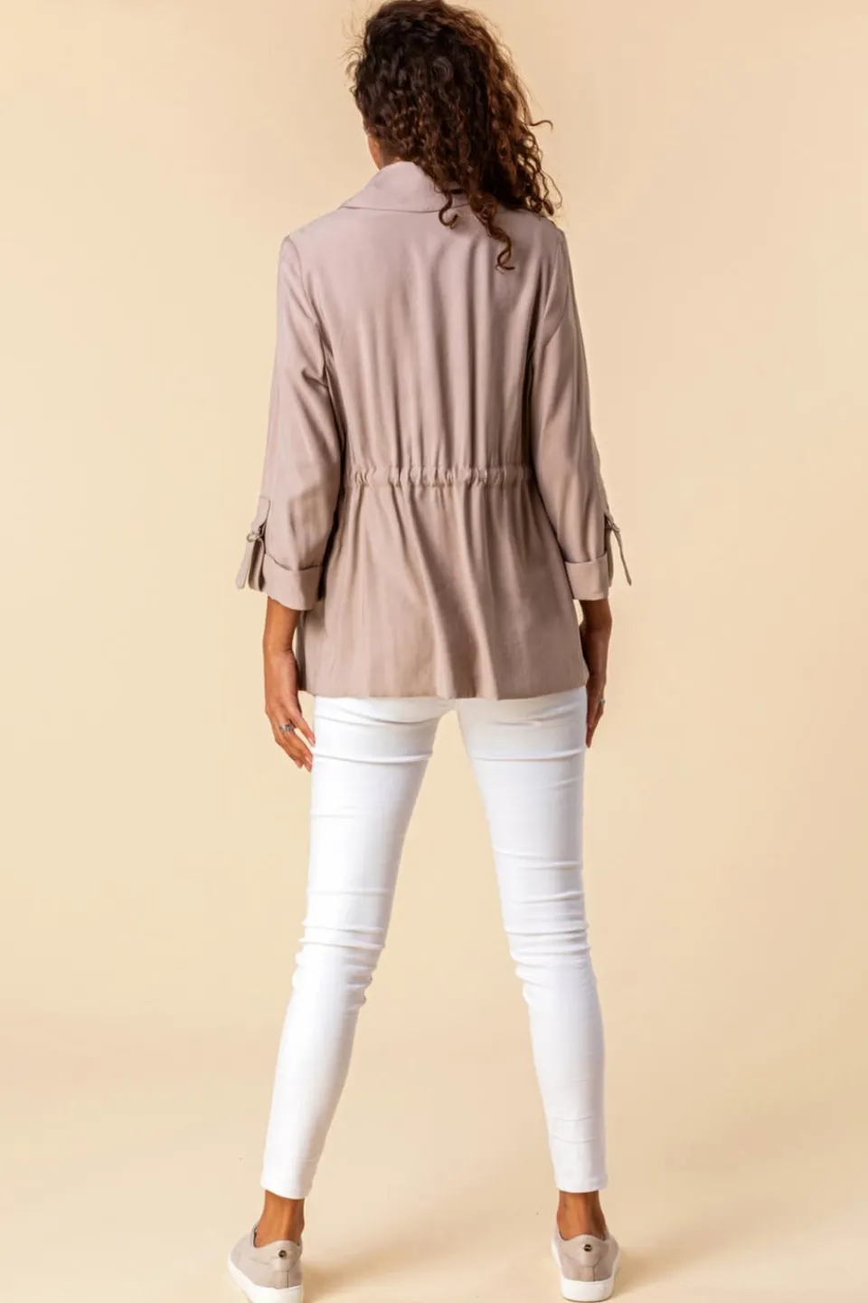Coats & Jackets>Roman 3/4 Sleeve Tie Waist Longline Jacket Stone