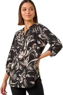 Tops>Roman Stone Abstract Print Shoulder Pleat Shirt