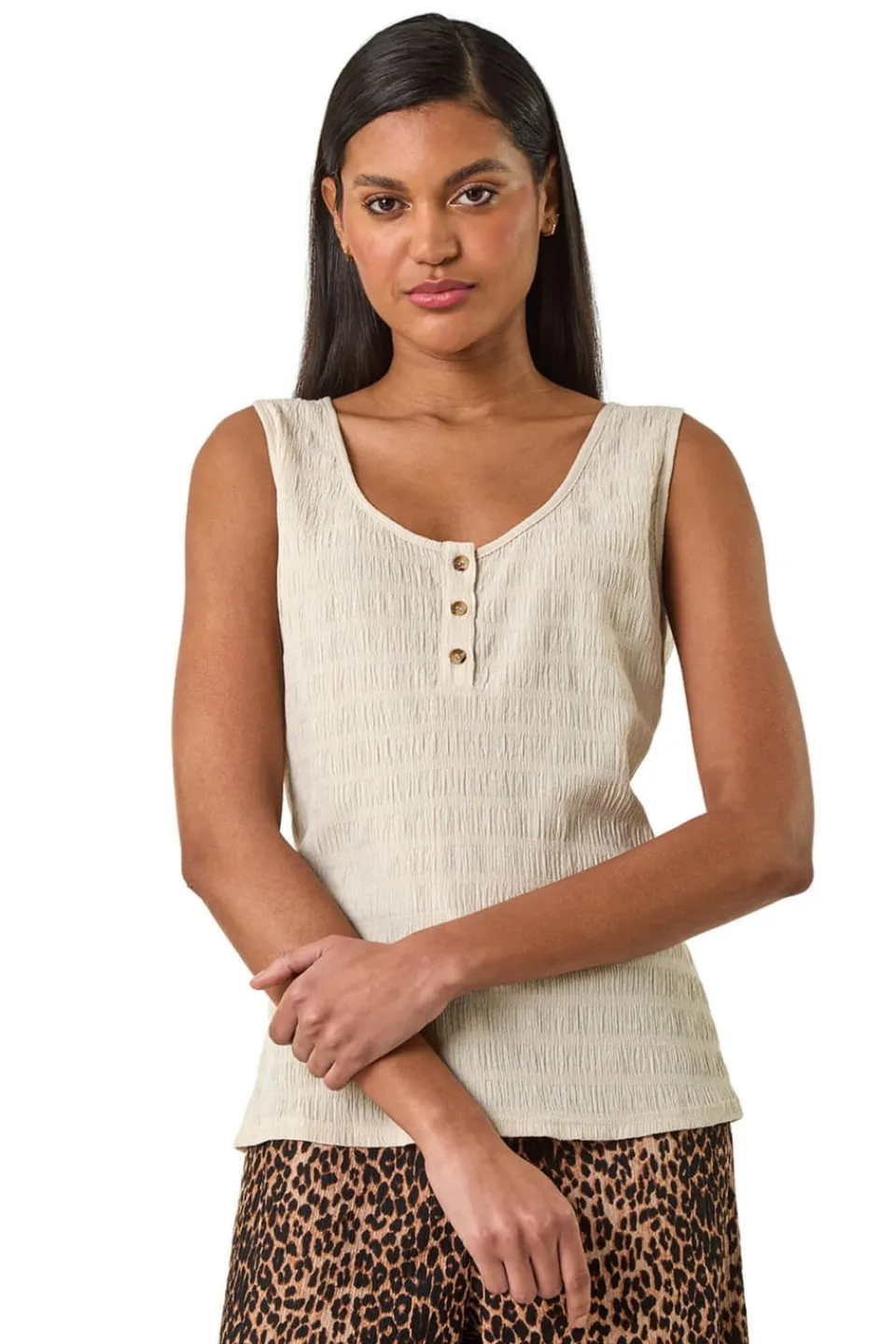 Tops>Roman Stone Button Detail Stretch Top