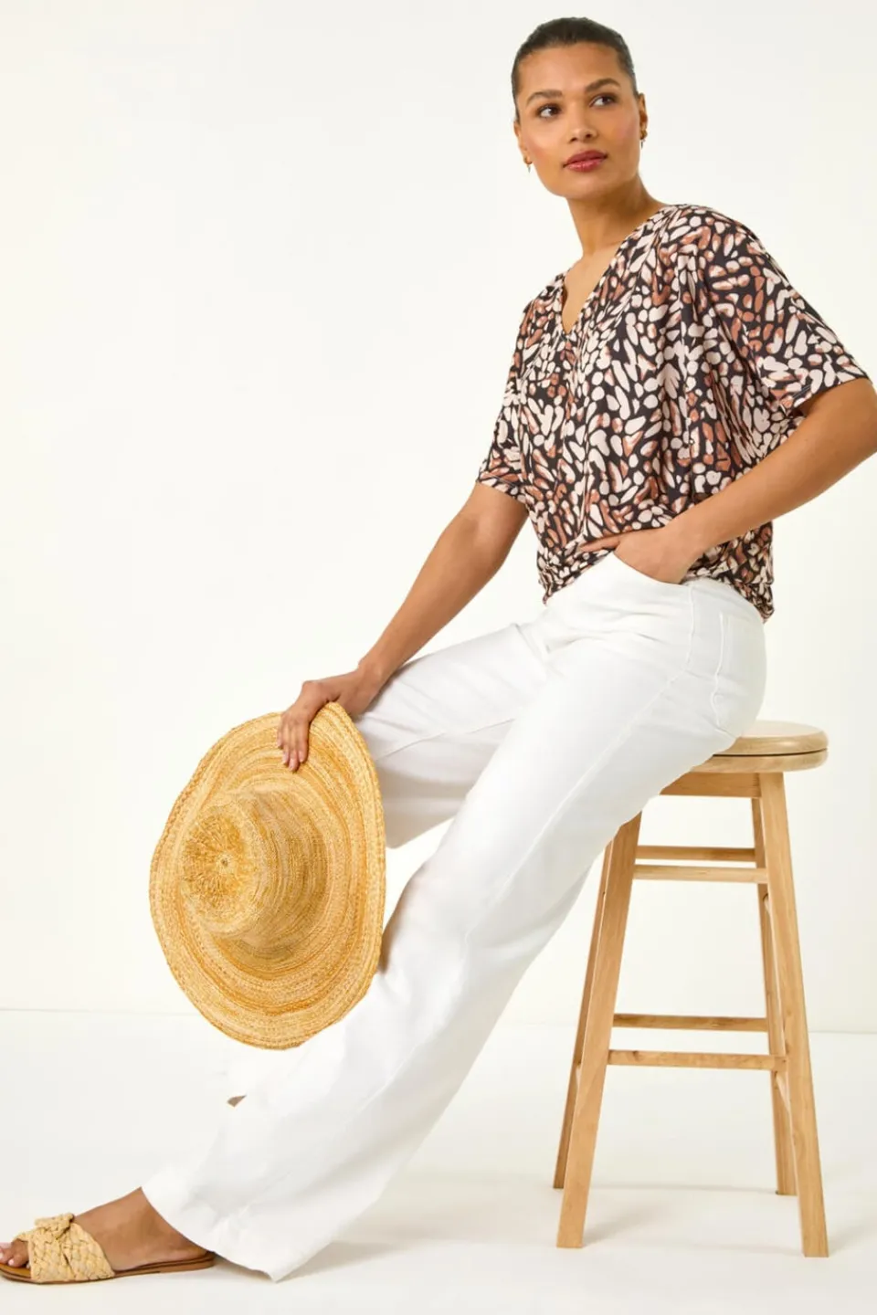 Tops>Roman Tan Abstract Print V-Neck Stretch Top