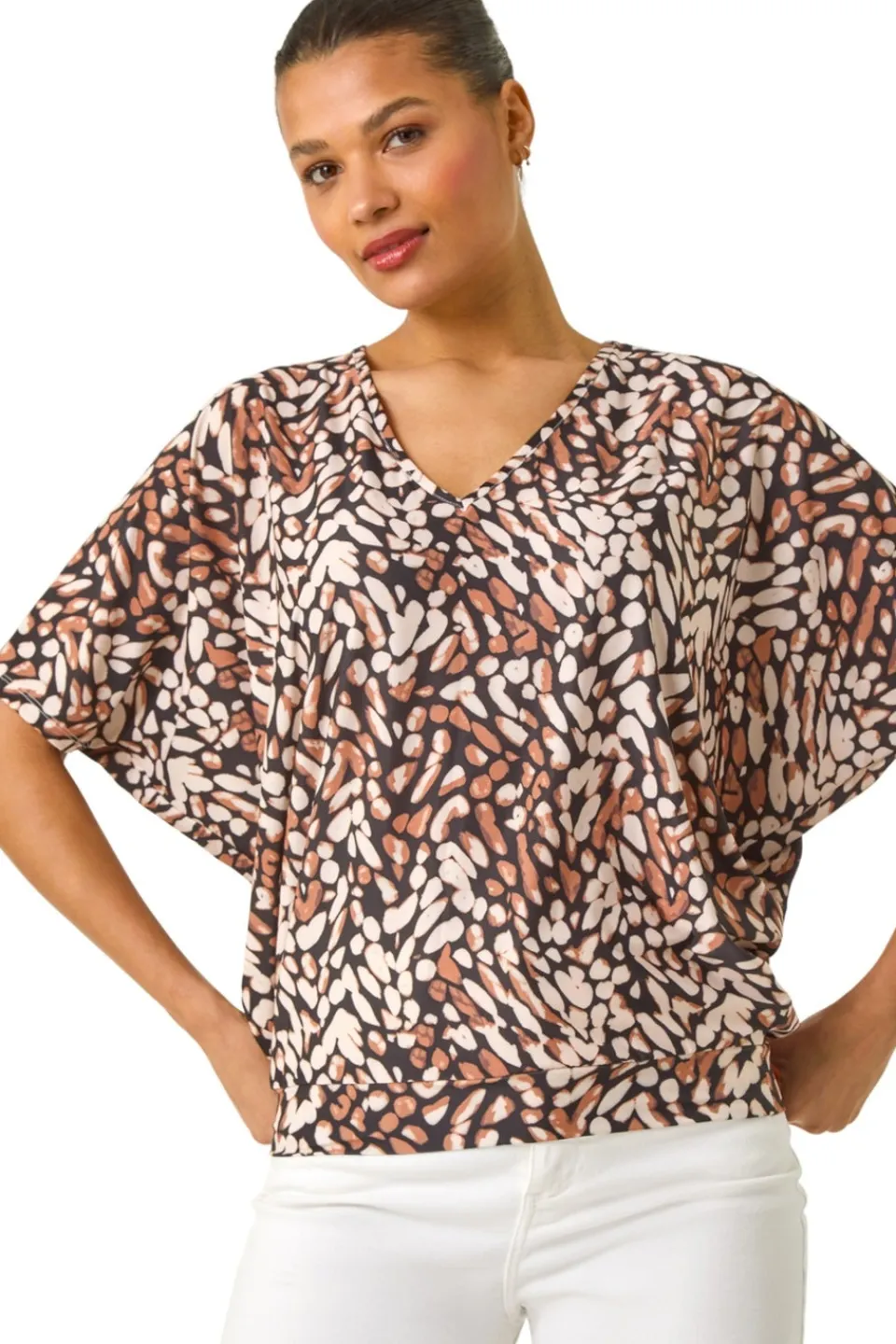 Tops>Roman Tan Abstract Print V-Neck Stretch Top