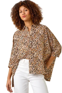 Tops>Roman Tan Animal Print Relaxed Blouse