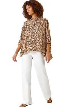 Tops>Roman Tan Animal Print Relaxed Blouse