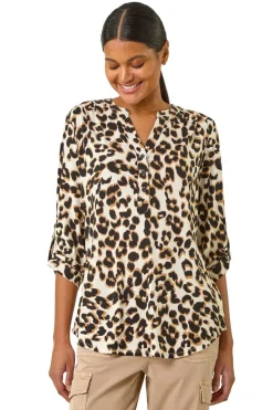 Tops>Roman Tan Animal Print Shoulder Pleat Shirt