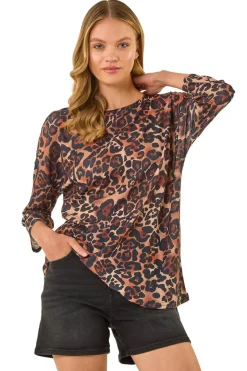 T-Shirts>Roman Tan Animal Print Stretch Top