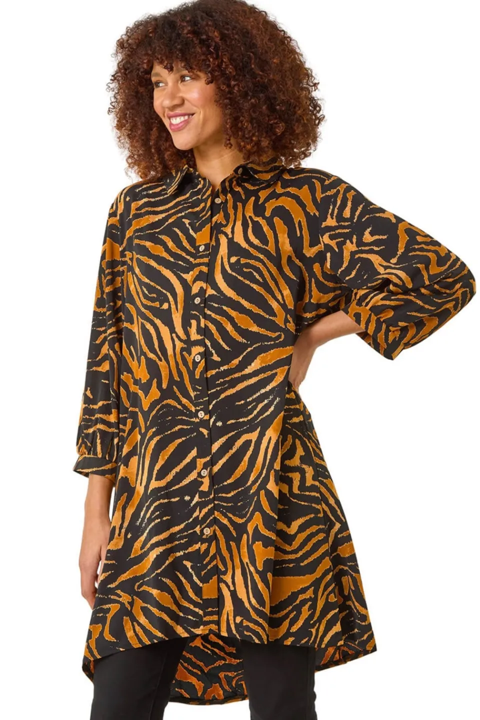 Tops>Roman Tan Animal Print V-Neck Longline Blouse