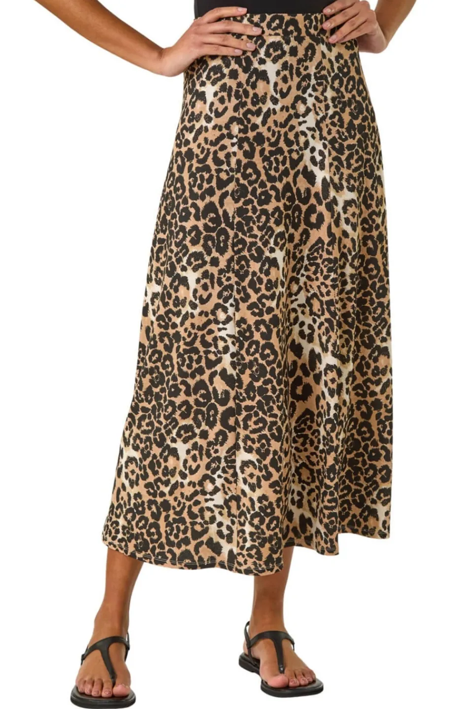 Skirts>Roman Tan Leopard Print A Line Midi Skirt