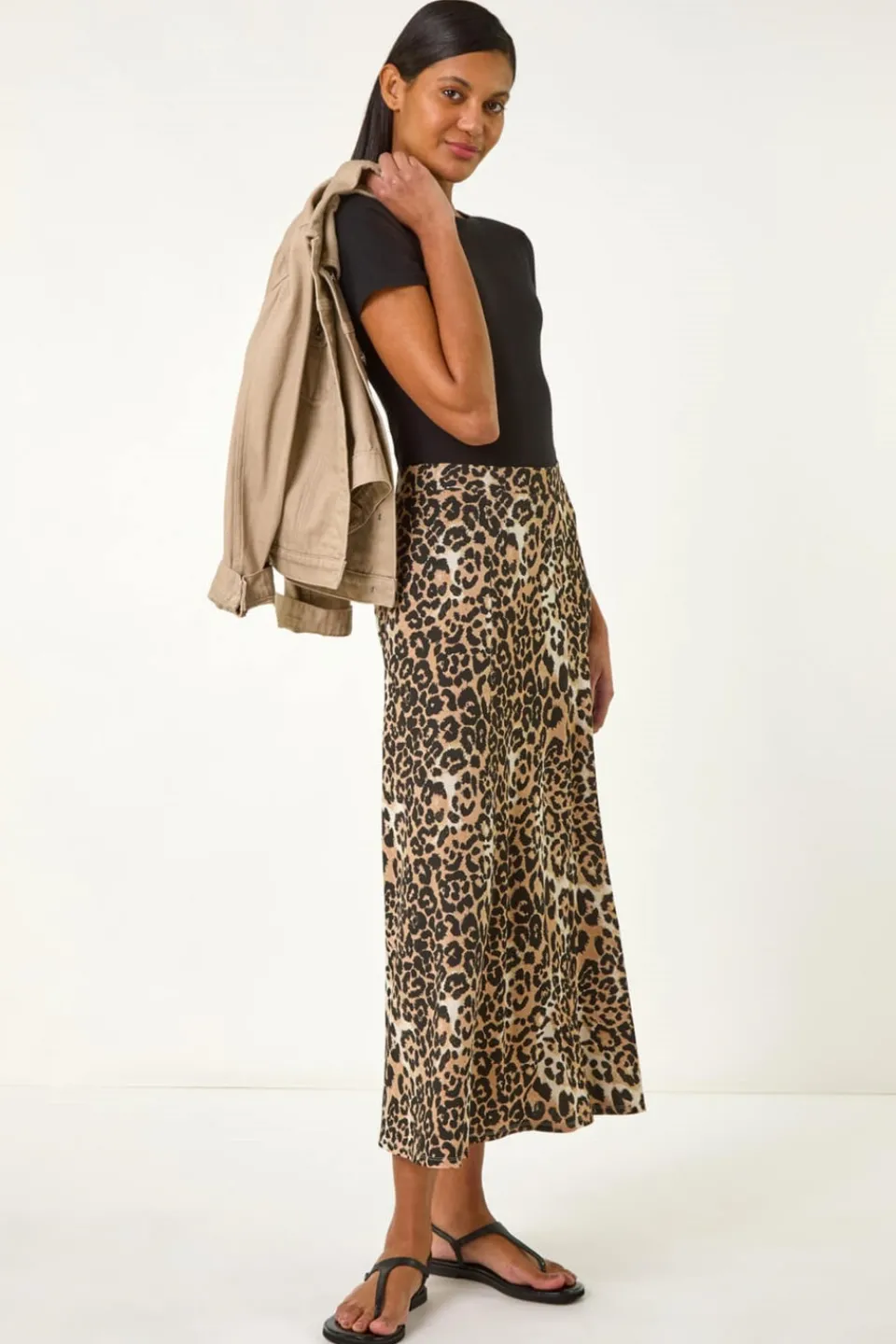 Skirts>Roman Tan Leopard Print A Line Midi Skirt
