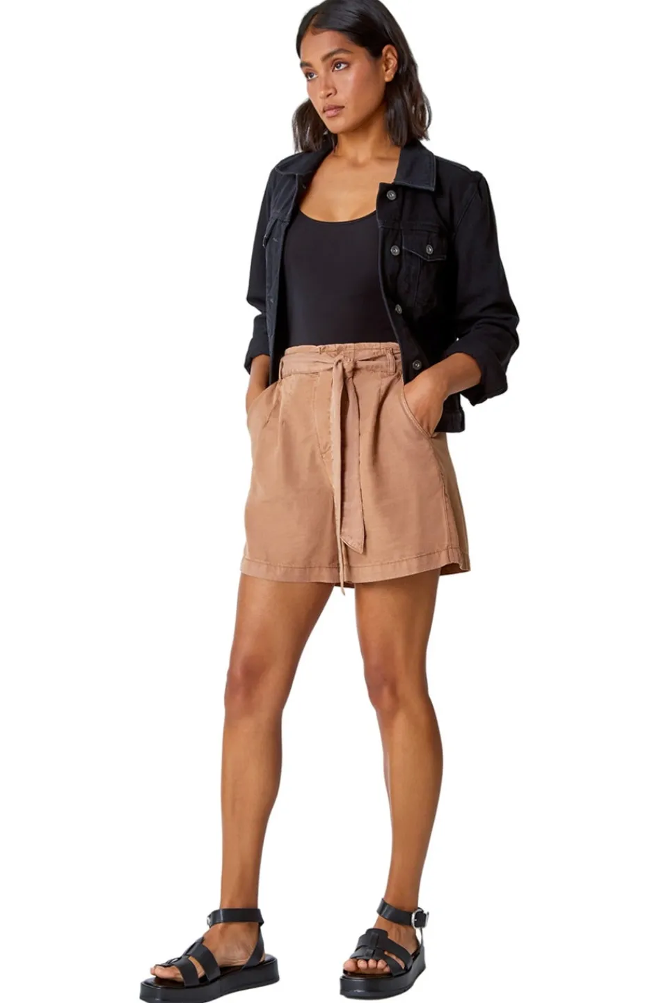 Shorts>Roman Tan Relaxed Elastic Tie Waist Pocket Shorts