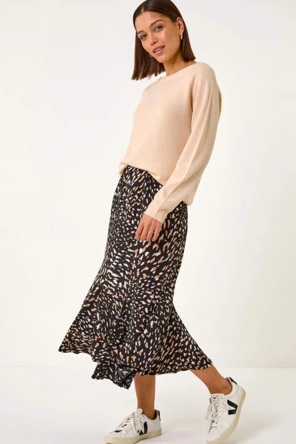 Skirts>Roman Tan Speckled Print Asymmetric A-Line Skirt