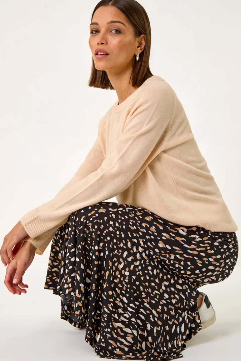 Skirts>Roman Tan Speckled Print Asymmetric A-Line Skirt