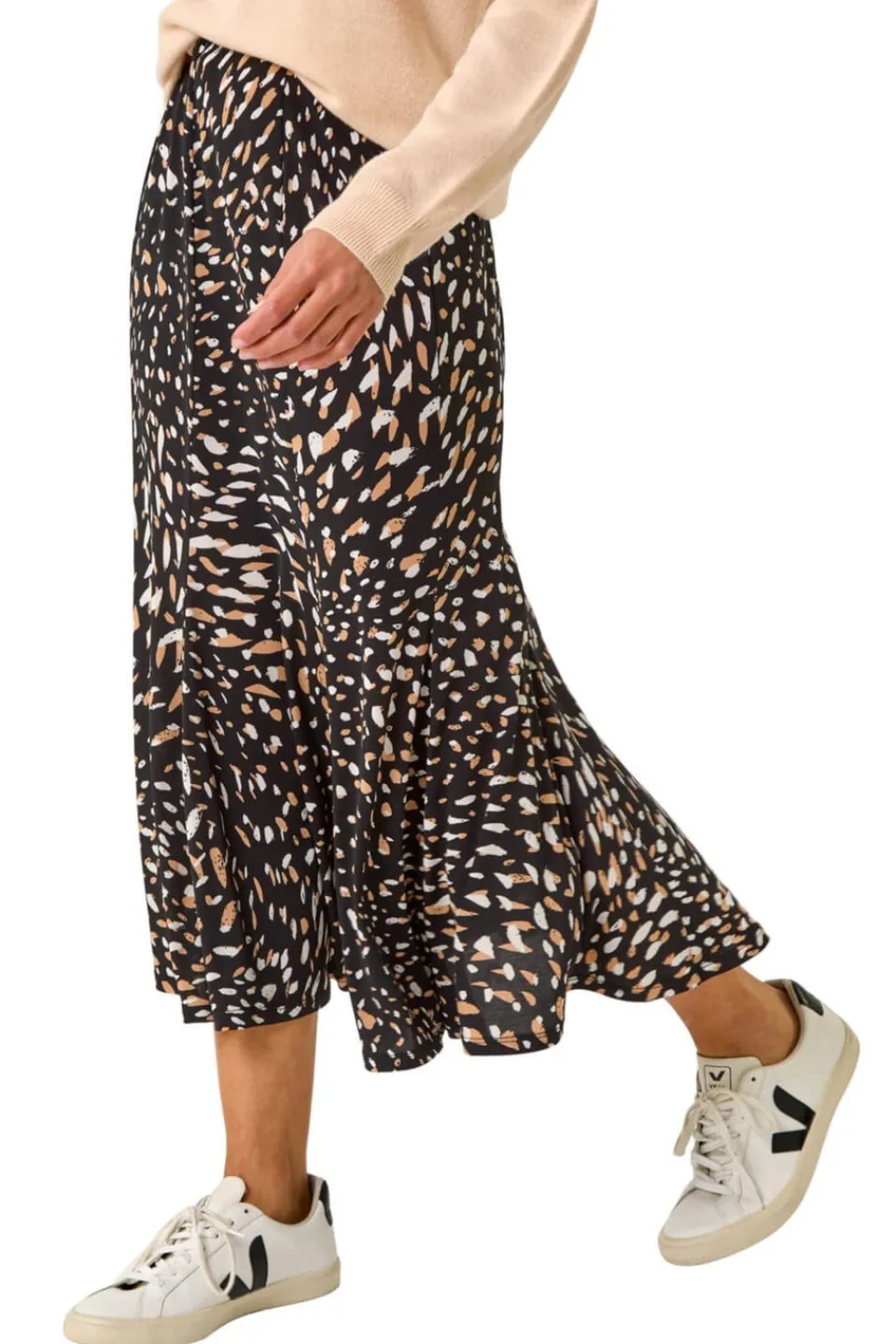 Skirts>Roman Tan Speckled Print Asymmetric A-Line Skirt