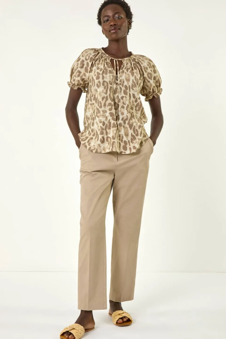 Tops>Roman Taupe Animal Print Tie Neck Top
