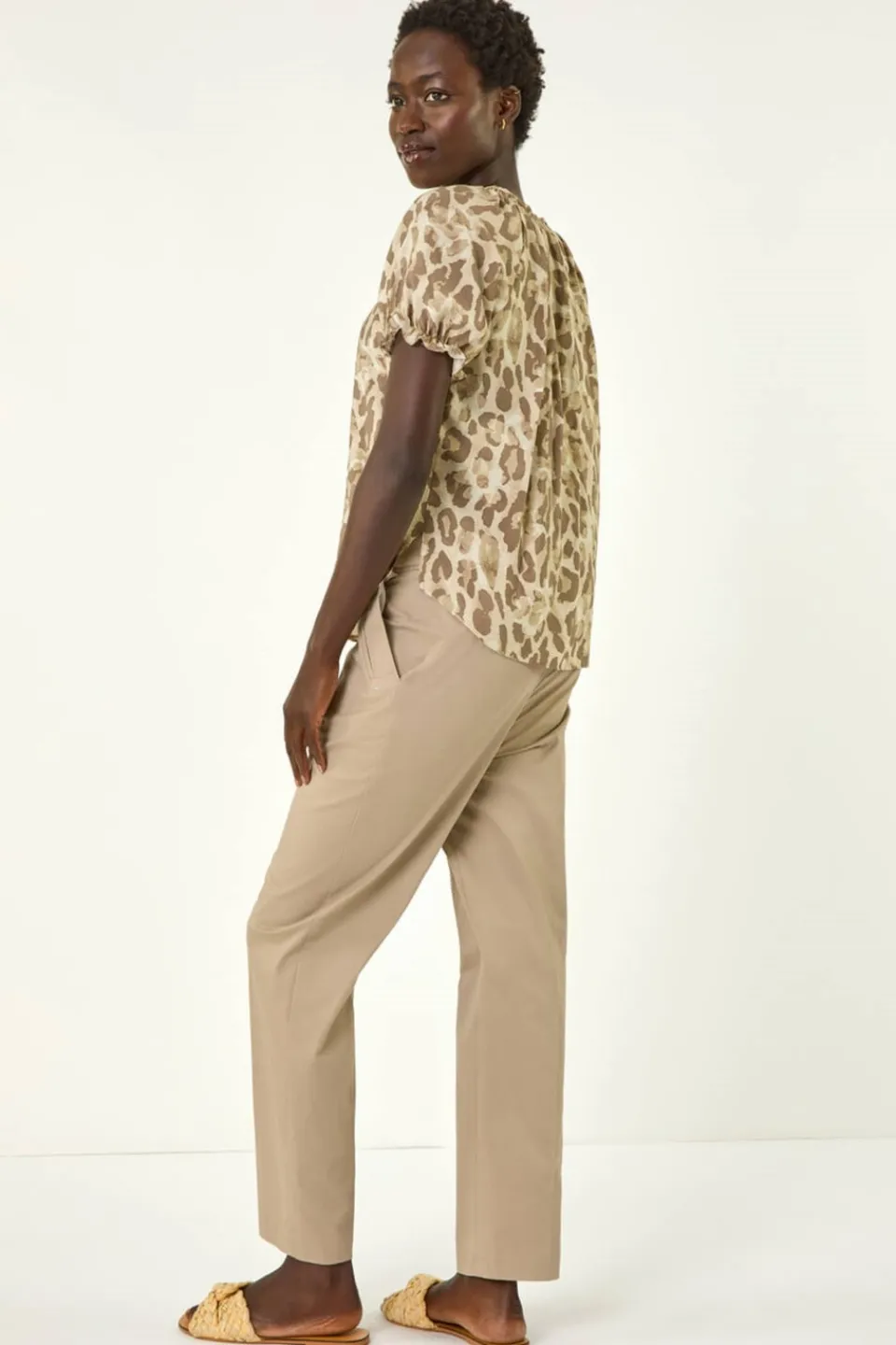 Tops>Roman Taupe Animal Print Tie Neck Top