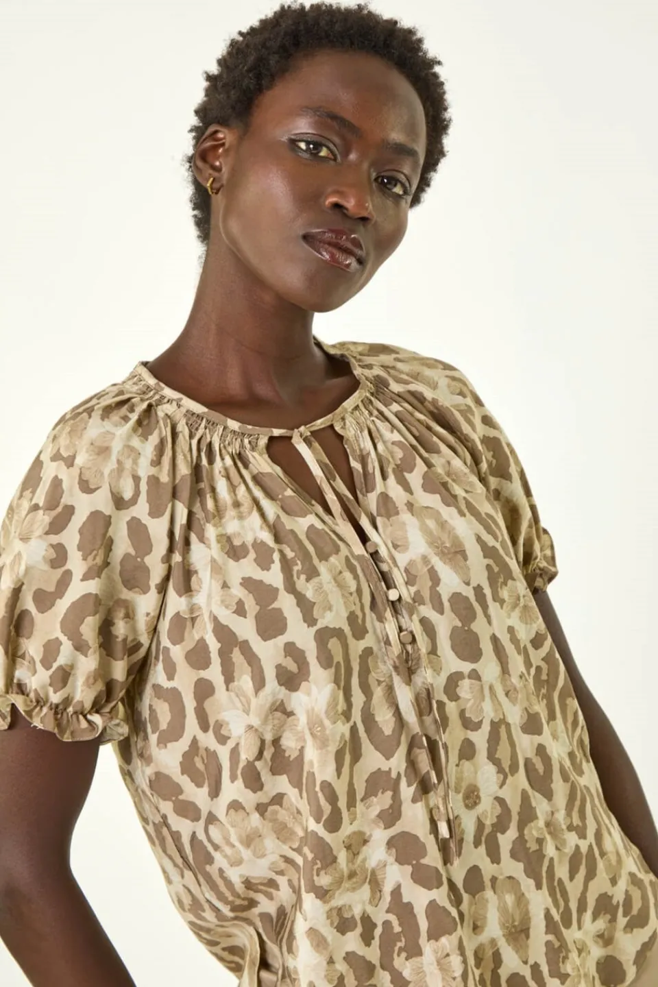 Tops>Roman Taupe Animal Print Tie Neck Top