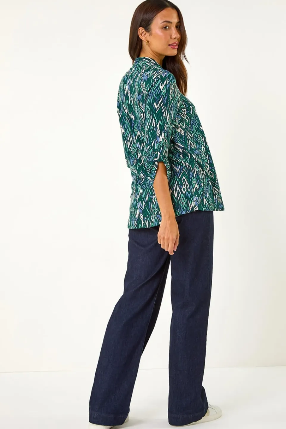 Tops>Roman Teal Abstract Print Front Pleat Stretch Top